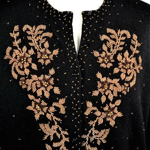 Vintage 50s Black Beaded Cardigan Sweater Size 44