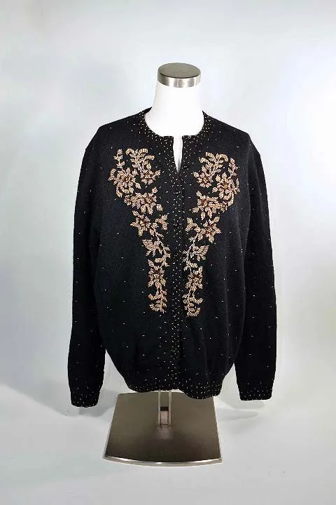 Vintage 50s Black Beaded Cardigan Sweater Size 44