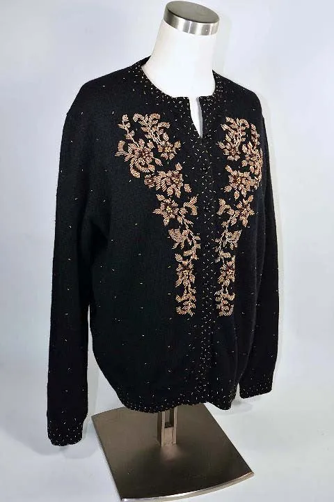 Vintage 50s Black Beaded Cardigan Sweater Size 44