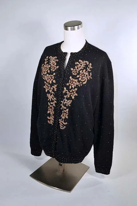 Vintage 50s Black Beaded Cardigan Sweater Size 44