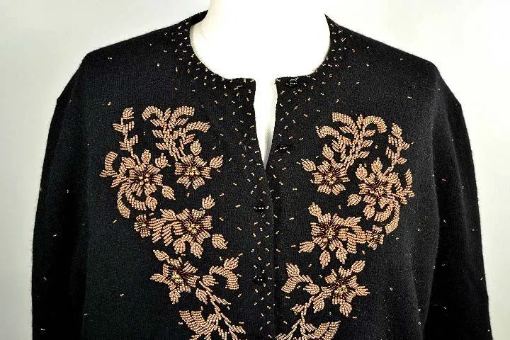 Vintage 50s Black Beaded Cardigan Sweater Size 44