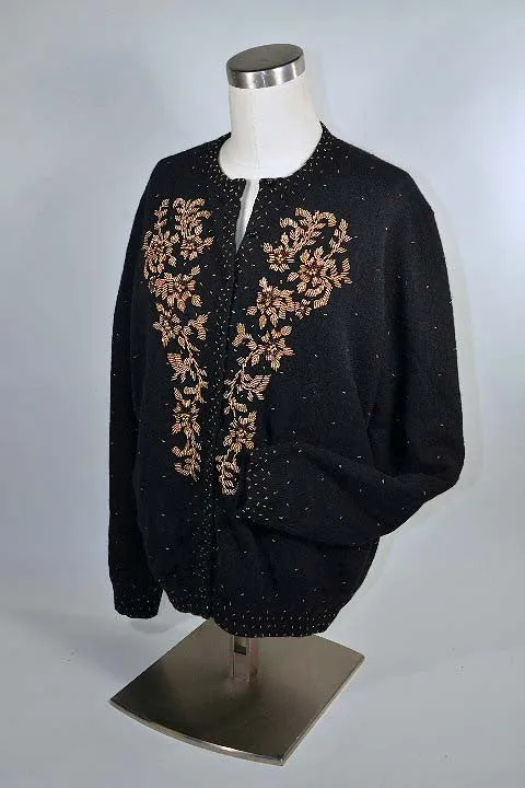 Vintage 50s Black Beaded Cardigan Sweater Size 44