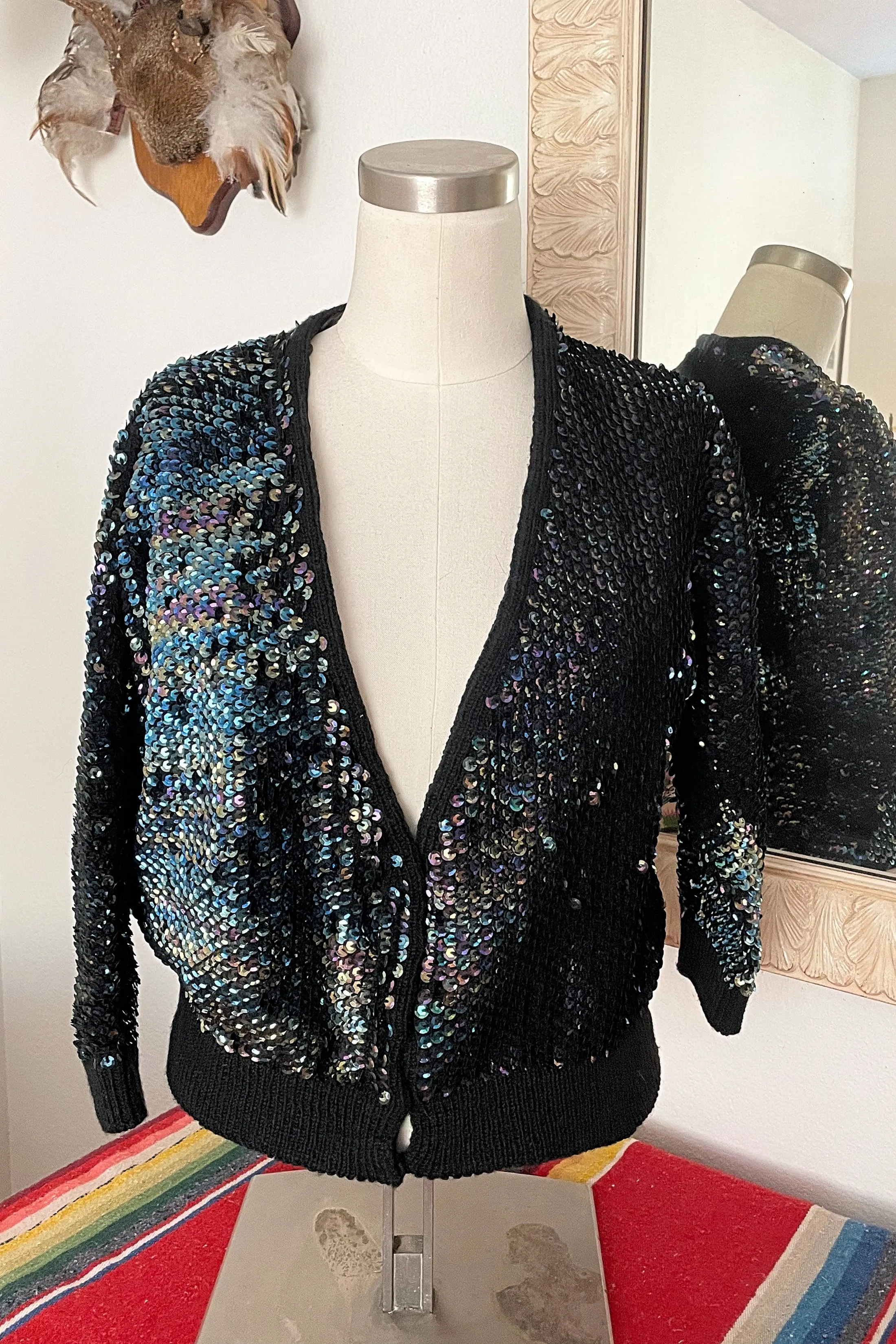 Vintage 50s Peacock Sequin Cardigan Sweater M