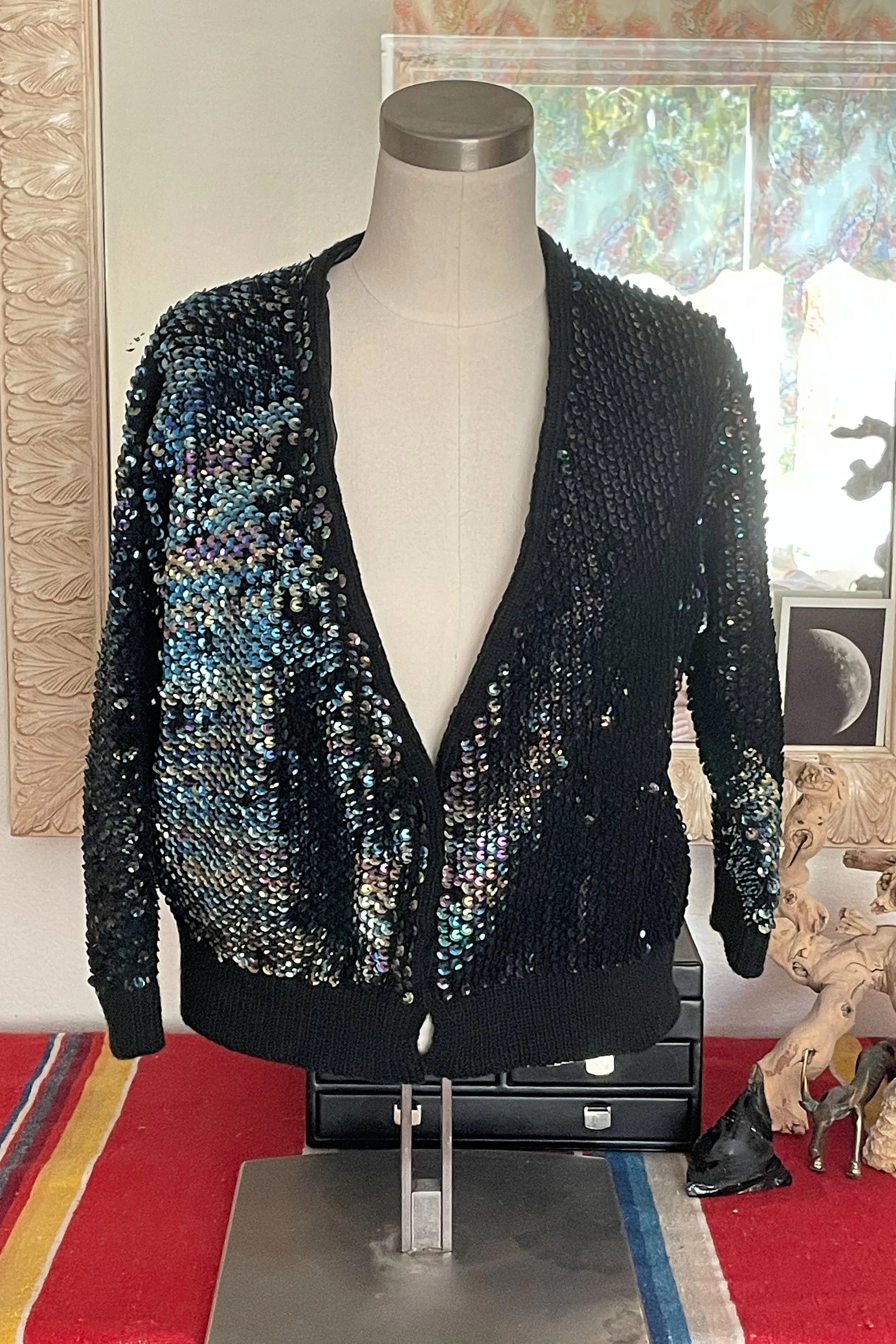 Vintage 50s Peacock Sequin Cardigan Sweater M