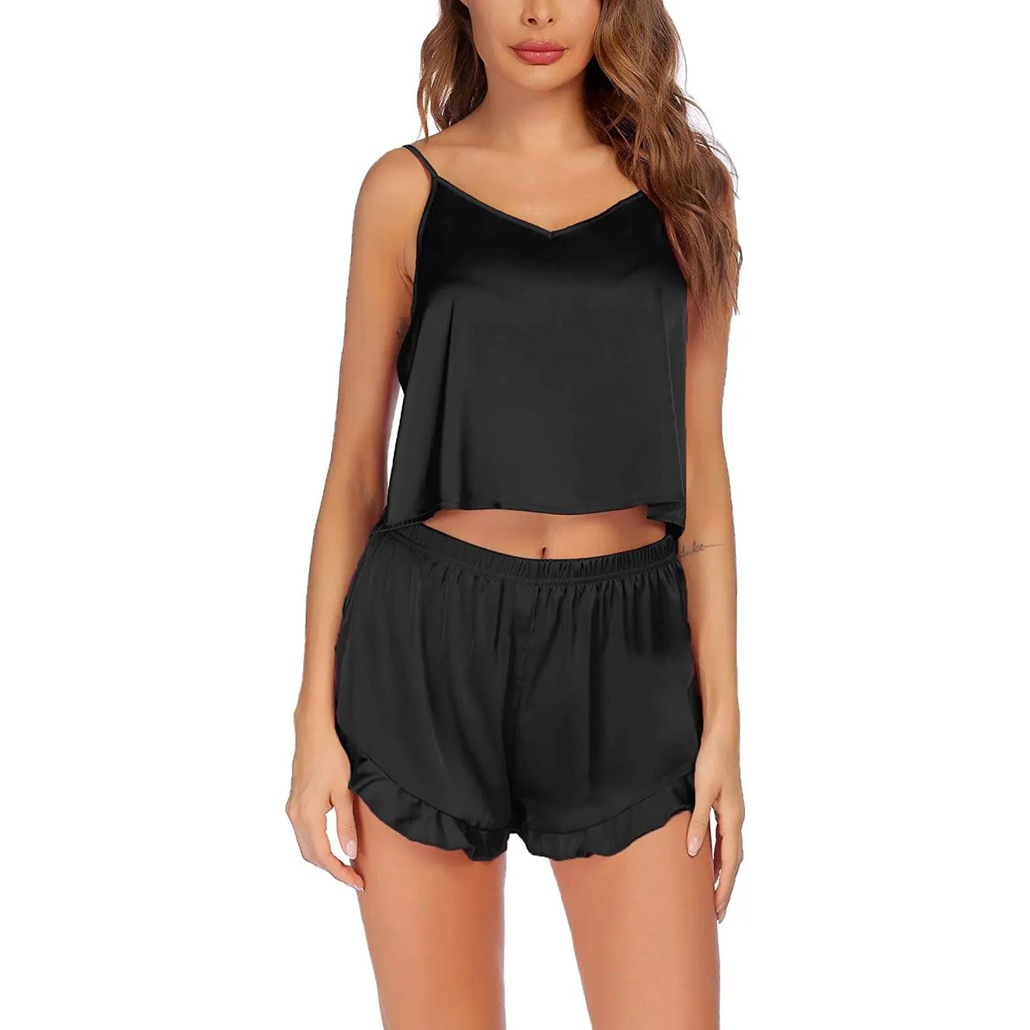 Women Silk Cami Shorts Set Sexy Camisole Set Ruffled Pants Silk Sleepwear