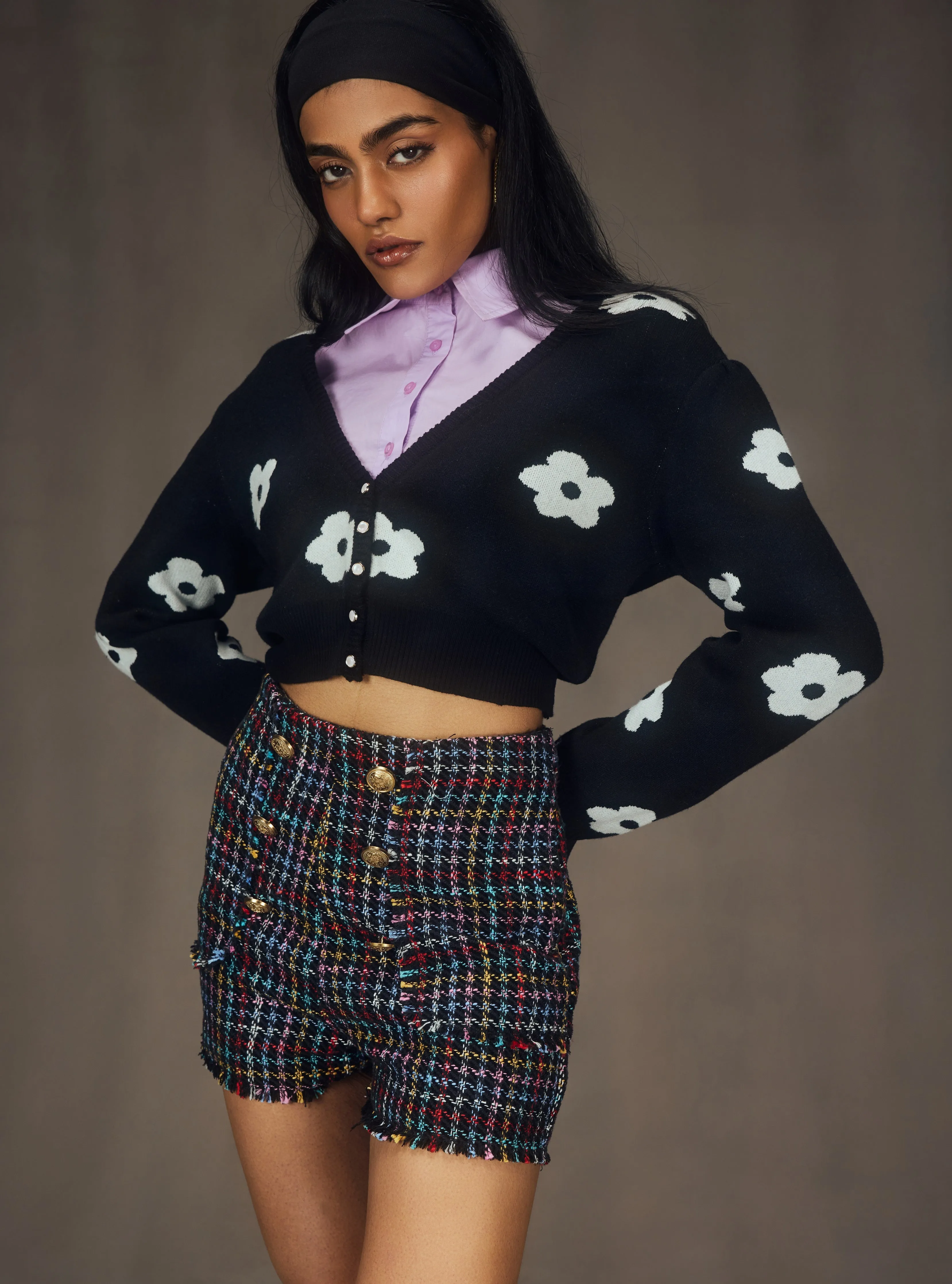 Zahana Lavender Crop Shirt, Tweed Shorts & Cardigan Set