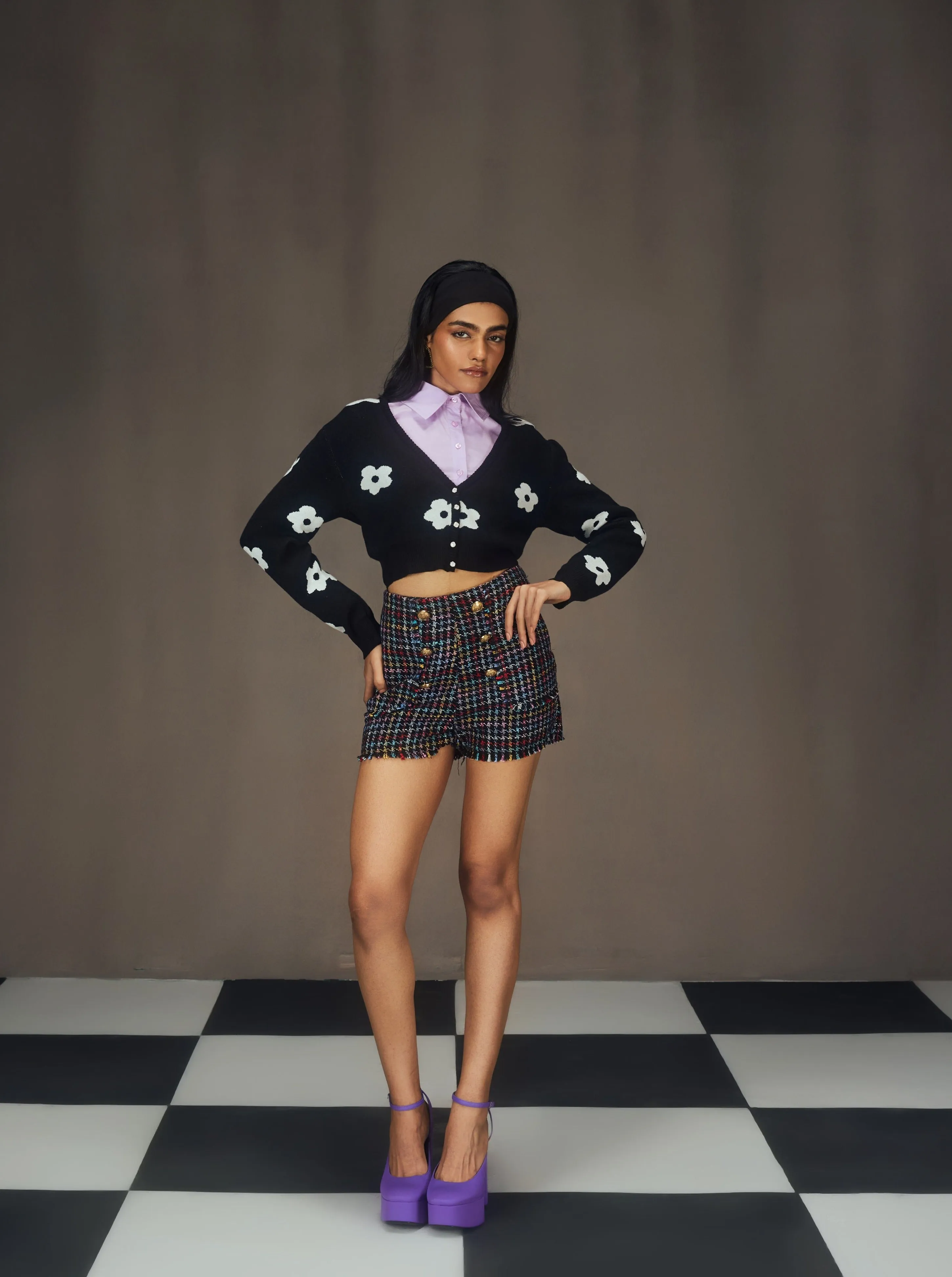 Zahana Lavender Crop Shirt, Tweed Shorts & Cardigan Set